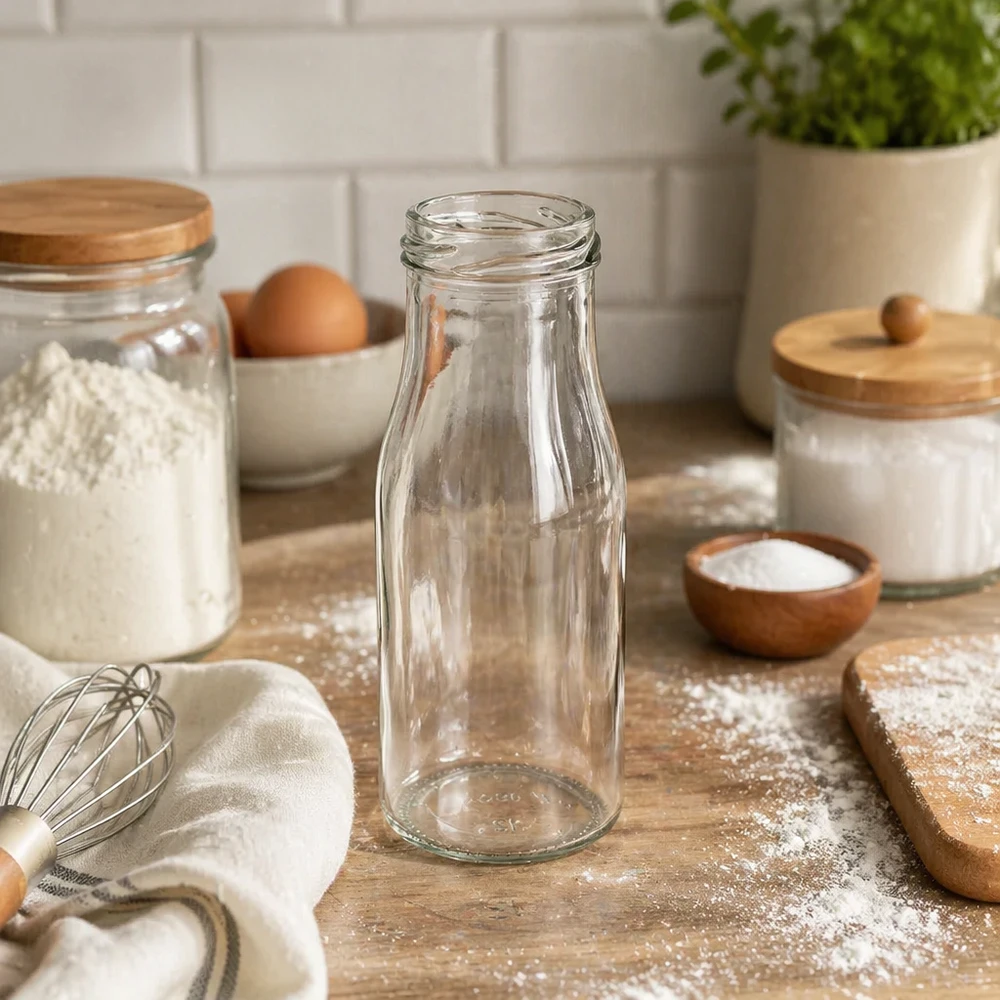 UNiTWIST Bottle150 Bouteille en verre 150ml TO43 dans une cuisine moderne avec des ustensiles de cuisine et des bocaux à provisions