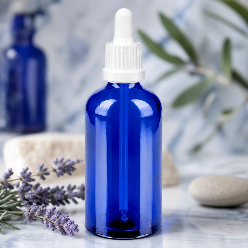 Flacon à pipette 100ml blanc OV BlueLine UT18/100 Flacon à pipette pratique de 100 ml d'un bleu élégant pour les cosmétiques naturels et les sérums BlueLine UT18/100