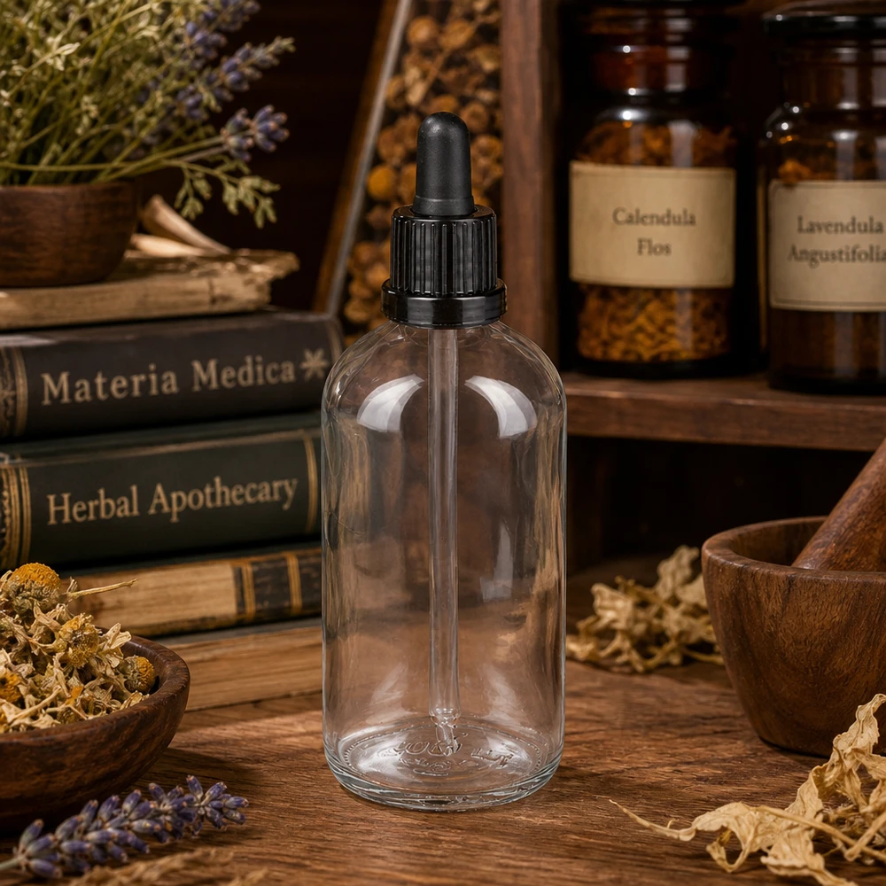 Flacon de pharmacie 100 ml en verre transparent avec bouchon à pipette noir pour extraits de plantes ClearLine UT18