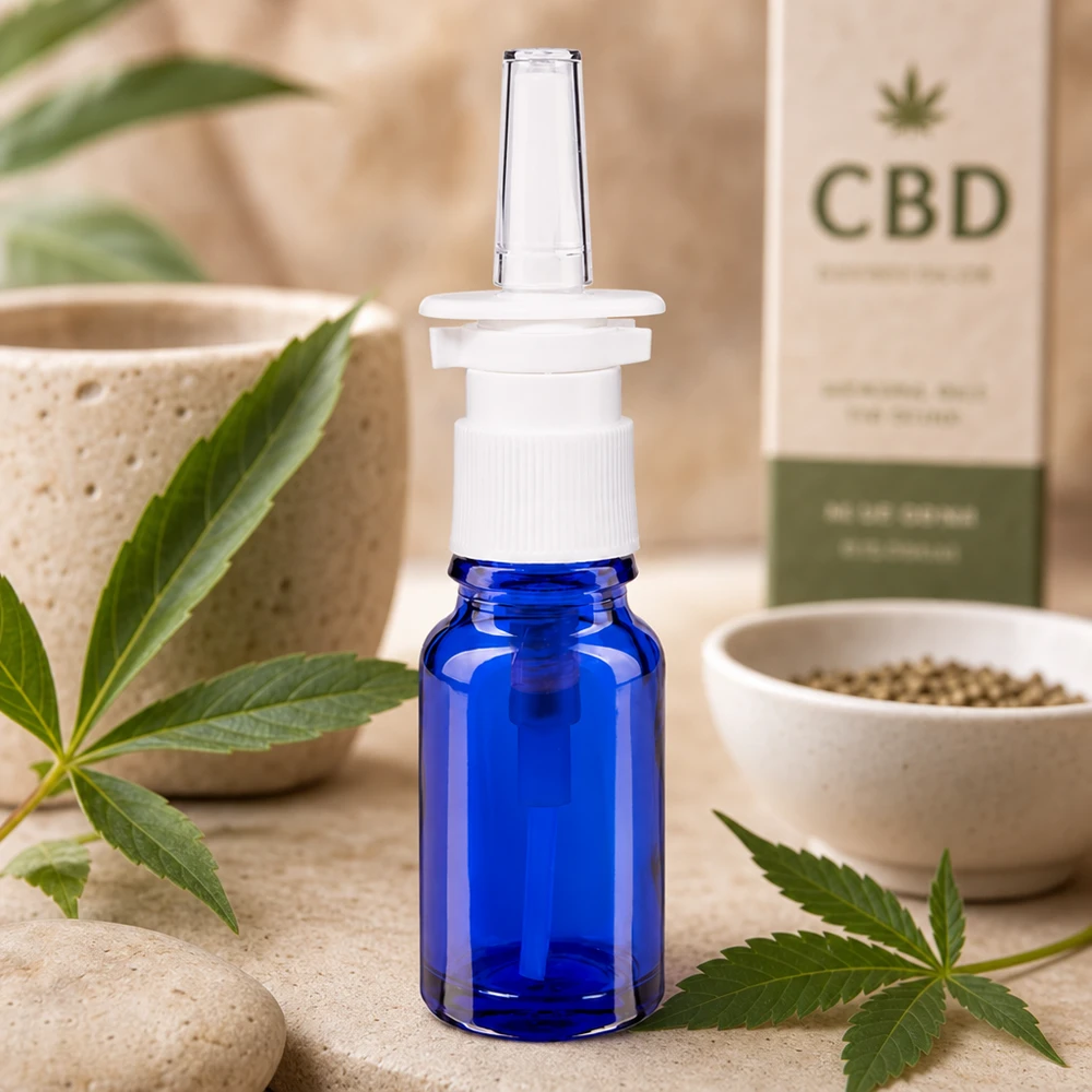 Flacon ApoGlas bleu de 10 ml, muni d'un mécanisme de pompe blanc et orné d'un motif naturel à base de plantes
