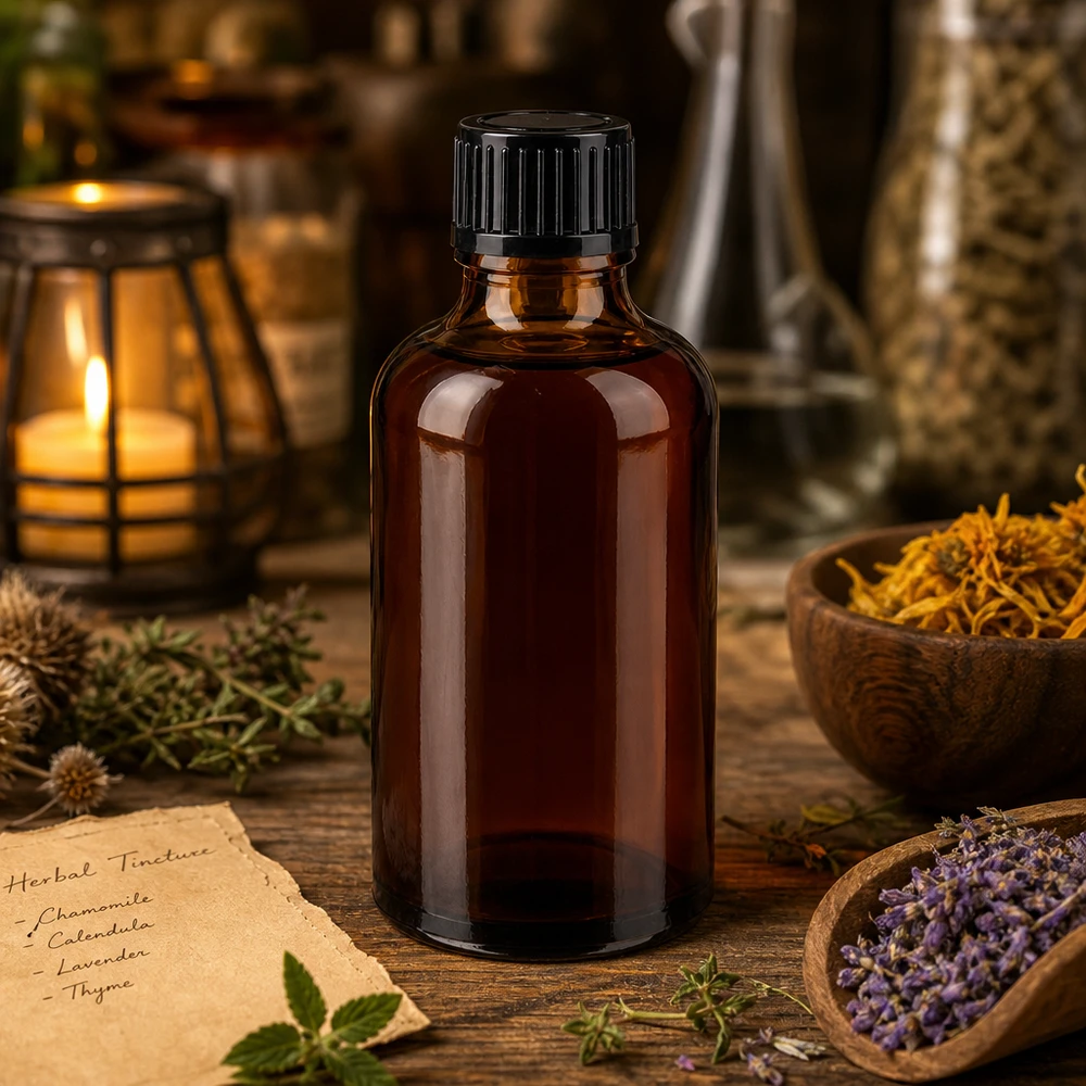 Flacon en verre ambré de 50 ml SV STD noir, 11 mm, contenant des herbes médicinales séchées et des fleurs de calendula