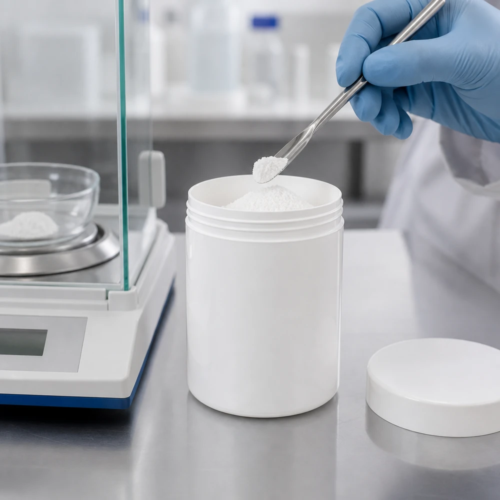 Remplissage d'un pot en PP blanc de 300 g à l'aide d'une spatule et d'une balance d'analyse en salle blanche