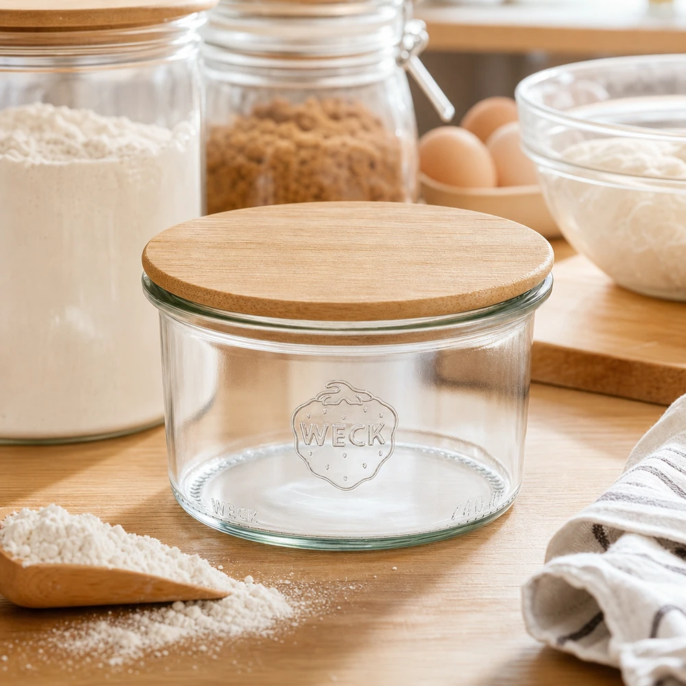 200ml bocal conique WECK RR80 avec couvercle en bois WECK Sturzglas 200ml RR80 mit Holzdeckel in natürlicher Küchenumgebung zwischen Backzutaten und Vorratsgläsern