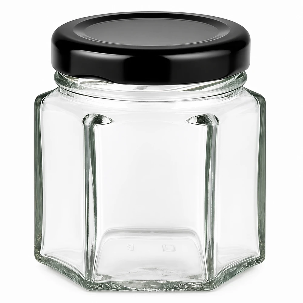 47ml Verre hexagonal avec couvercle BasicSeal noir UNiTWIST Bocal hexagonal de 47ml avec couvercle noir BasicSeal - bocal en verre hexagonal pour aliments et conservation