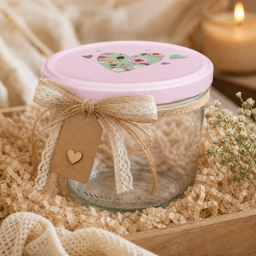 Verres de 230 ml + couvercle BasicSeal cur rose UNiTWIST Sturzglas 230ml mit rosa Herz-Deckel dekorativ mit Juteschleife und Geschenkanhänger als Geschenkverpackung arrangiert