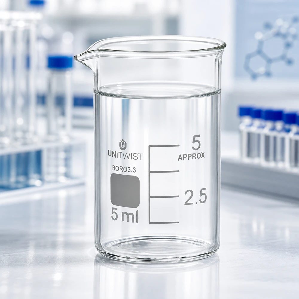 Bécher 5ml borosilicate, forme basse UNiTWIST Bécher UNiTWIST vide de 5 ml, en verre borosilicaté résistant à la chaleur, de forme basse