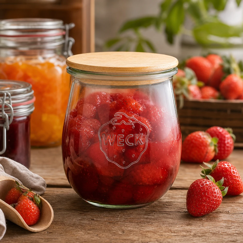 220ml bocal tulipe WECK RR60 avec couvercle en bois WECK Pot tulipe 220ml avec couvercle en bois rempli de confiture de fraise - Pot de conservation pour confiture et pâte à tartiner
