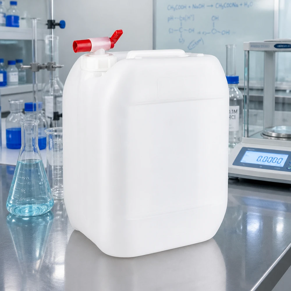 Bidon de 10 litres adapté au contact alimentaire, muni d'un robinet de vidange, à côté d'un flacon Erlenmeyer et d'une balance d'analyse