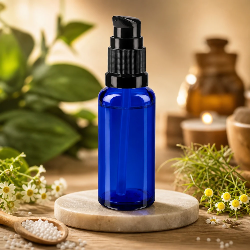 Flacon de pharmacie bleu 30ml bouchon pompe noir Std Flacon de sérum bleu de 30 ml en verre d'apothicaire, muni d'une pompe doseuse et posé sur un socle en marbre