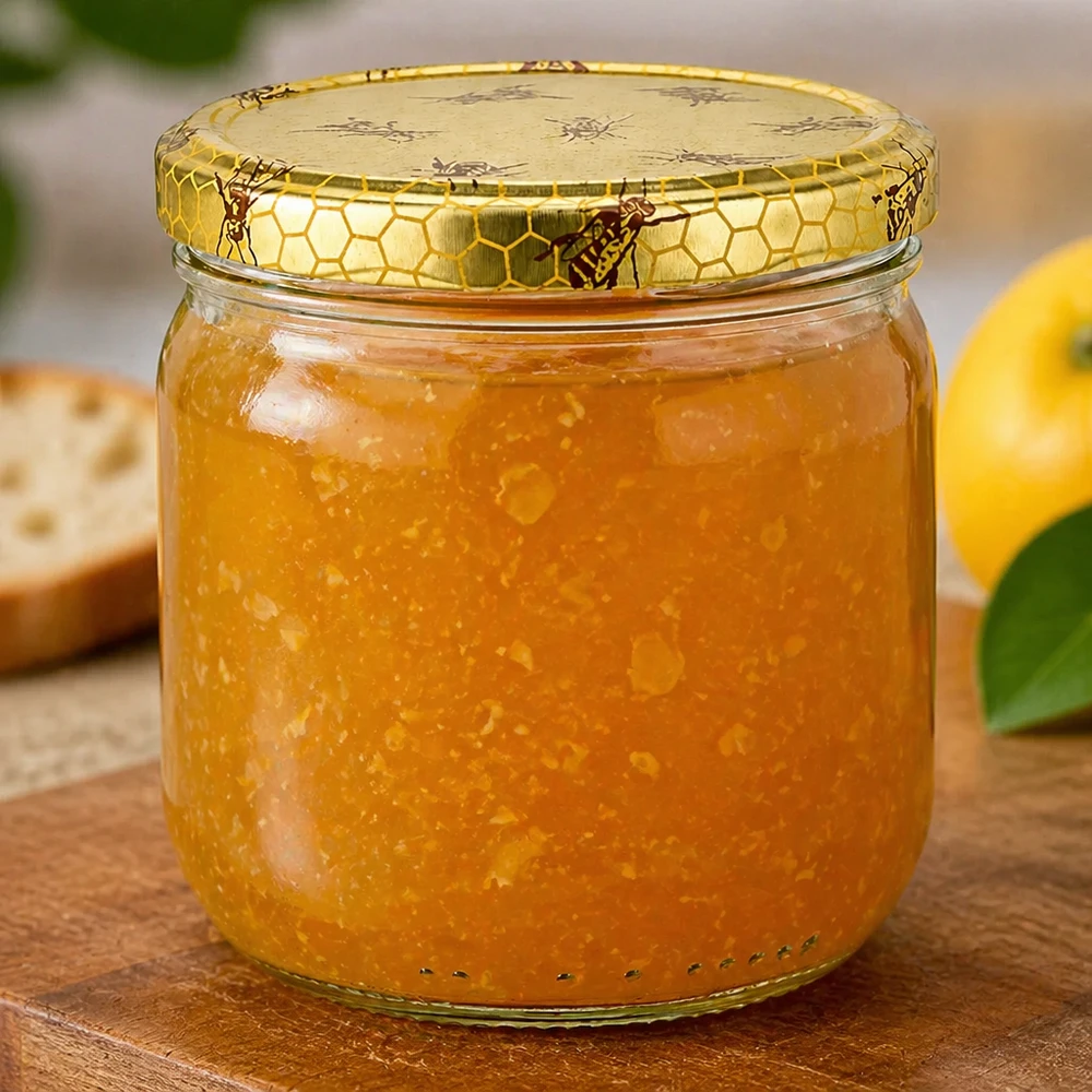 Pot de miel de 500g avec miel crémeux et couvercle en nid d'abeille à côté d'orange sur fond en bois