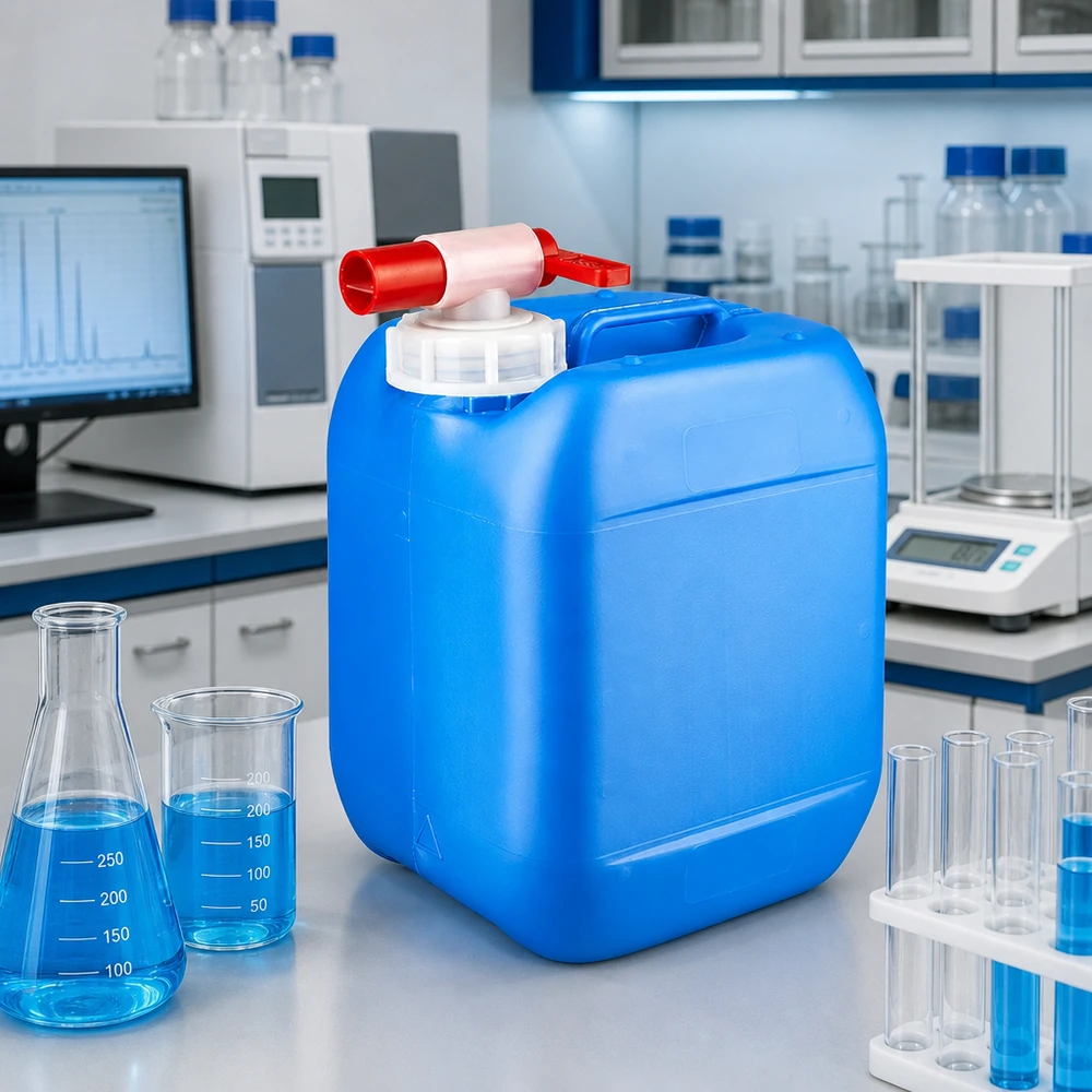 Bidon robuste en PEHD de 5 litres, bleu, muni d'un robinet pratique pour un stockage sûr des produits chimiques