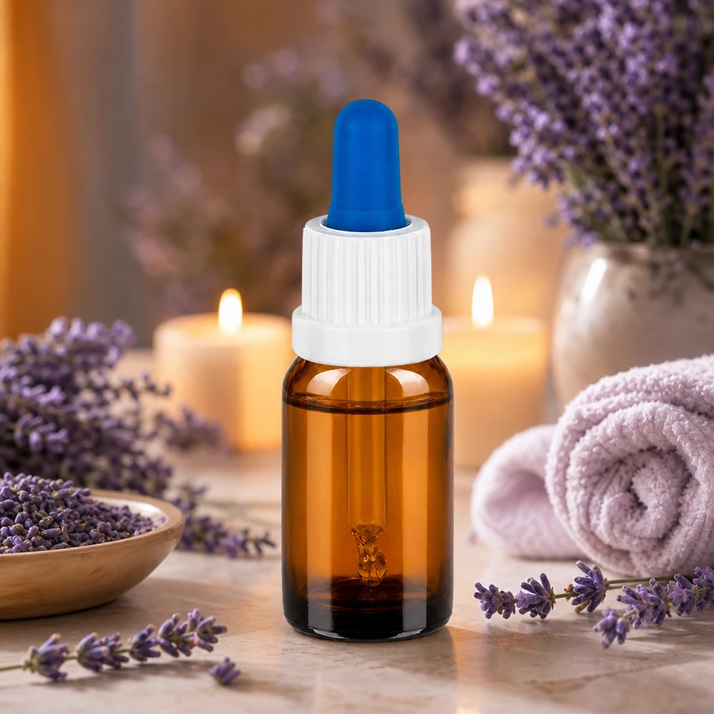 Bouteille pipette 10ml blanc/bleu OV BrownLine UT18/10 Flacon de pharmacie de 10 ml en verre brun anti-UV avec bouchon à vis blanc et embout de pipette bleu