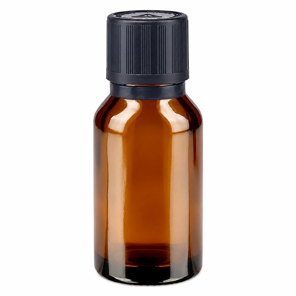 flacon à pharmacie brun 15ml bouchon inviolable 1mm noir sécurité enfant adapté aux aveugles bouchon inviolabilité Flacon compte-gouttes de 15 ml en verre brun, muni d'un bouchon de sécurité enfant noir dans son emballage d'origine