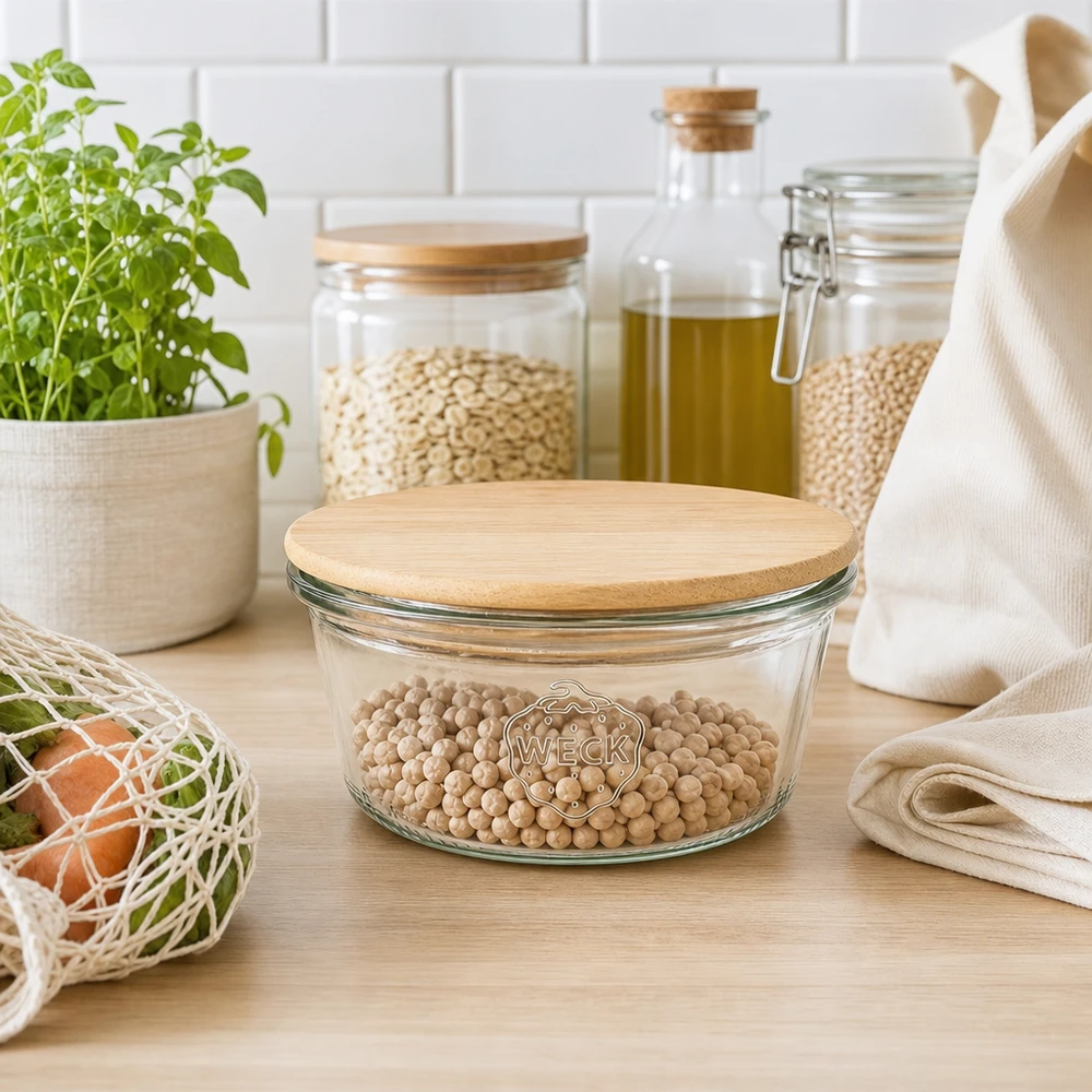 290ml bocal conique faible WECK RR80 avec couvercle en bois WECK Pot renversé 290ml RR100 avec couvercle en bois de bambou en cuisine durable avec légumineuses, concept zéro déchet