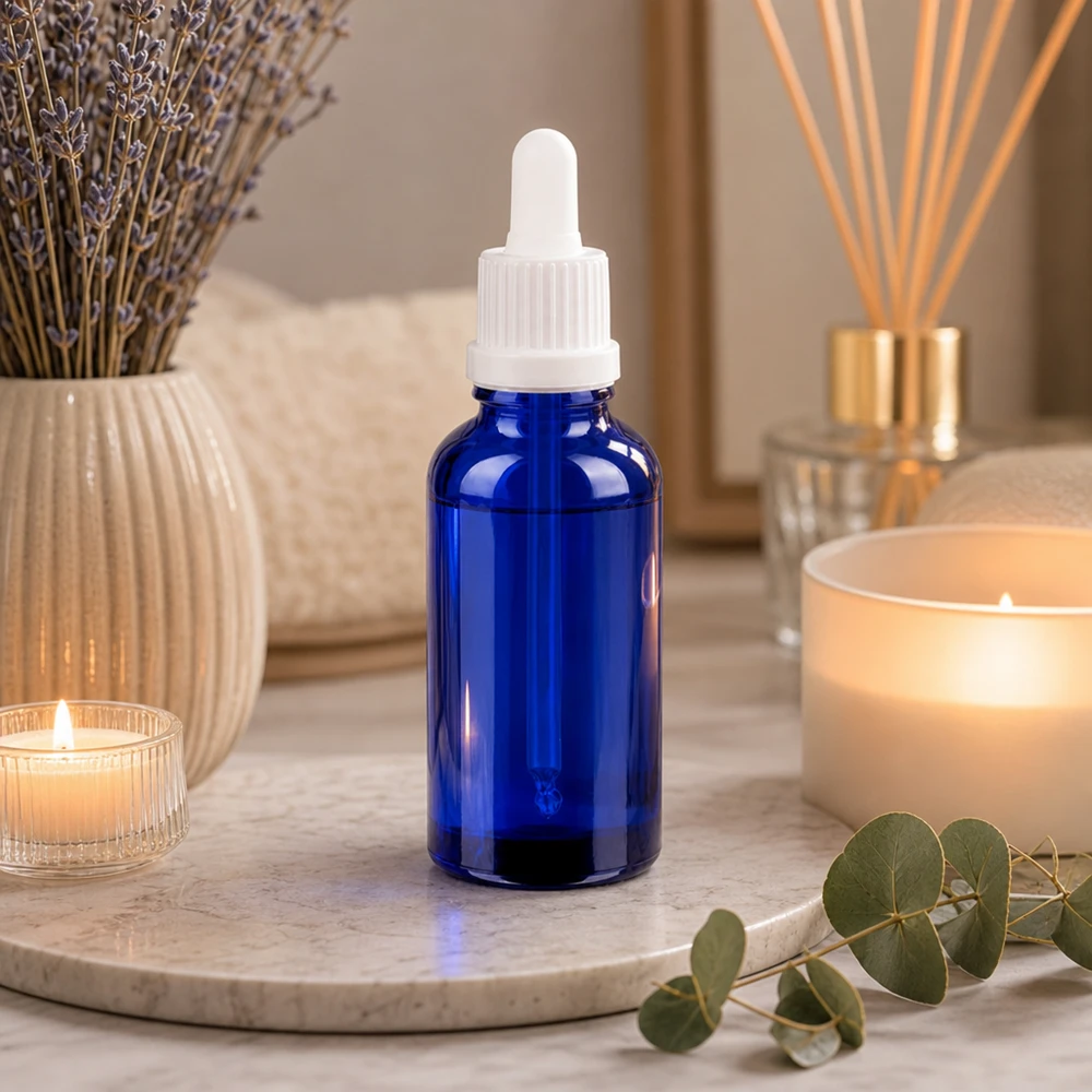 Flacon à pipette 30ml blanc OV BlueLine UT18/30 Bouteille en verre compacte BlueLine UT18/30 de 30 ml avec bouchon, parfaite pour les cosmétiques et les mélanges de bricolage.