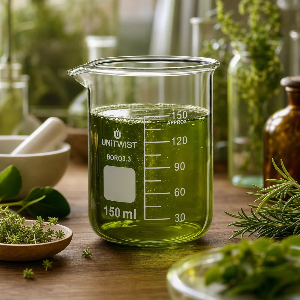 Bécher 150ml borosilicate, forme basse UNiTwist Verre à bec 150 ml UNiTwist BORO3.3, forme basse, avec un extrait vert sur une surface en bois
