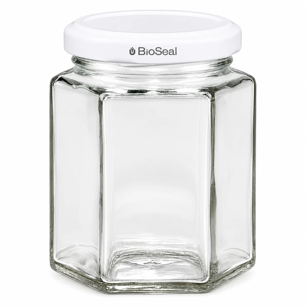 196ml Verre hexagonal avec couvercle BioSeal blanc UNiTWIST