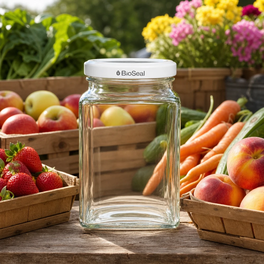 UNiTWIST Tetra260 Bocal vide sur table en bois avec fruits frais légumes couvercle blanc TO58 BioSeal Outdoor Garden