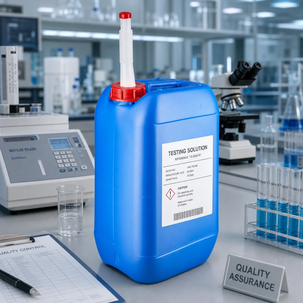 Bidon rectangulaire bleu de 15 litres, muni d'un bec verseur flexible en plastique et d'un couvercle rouge