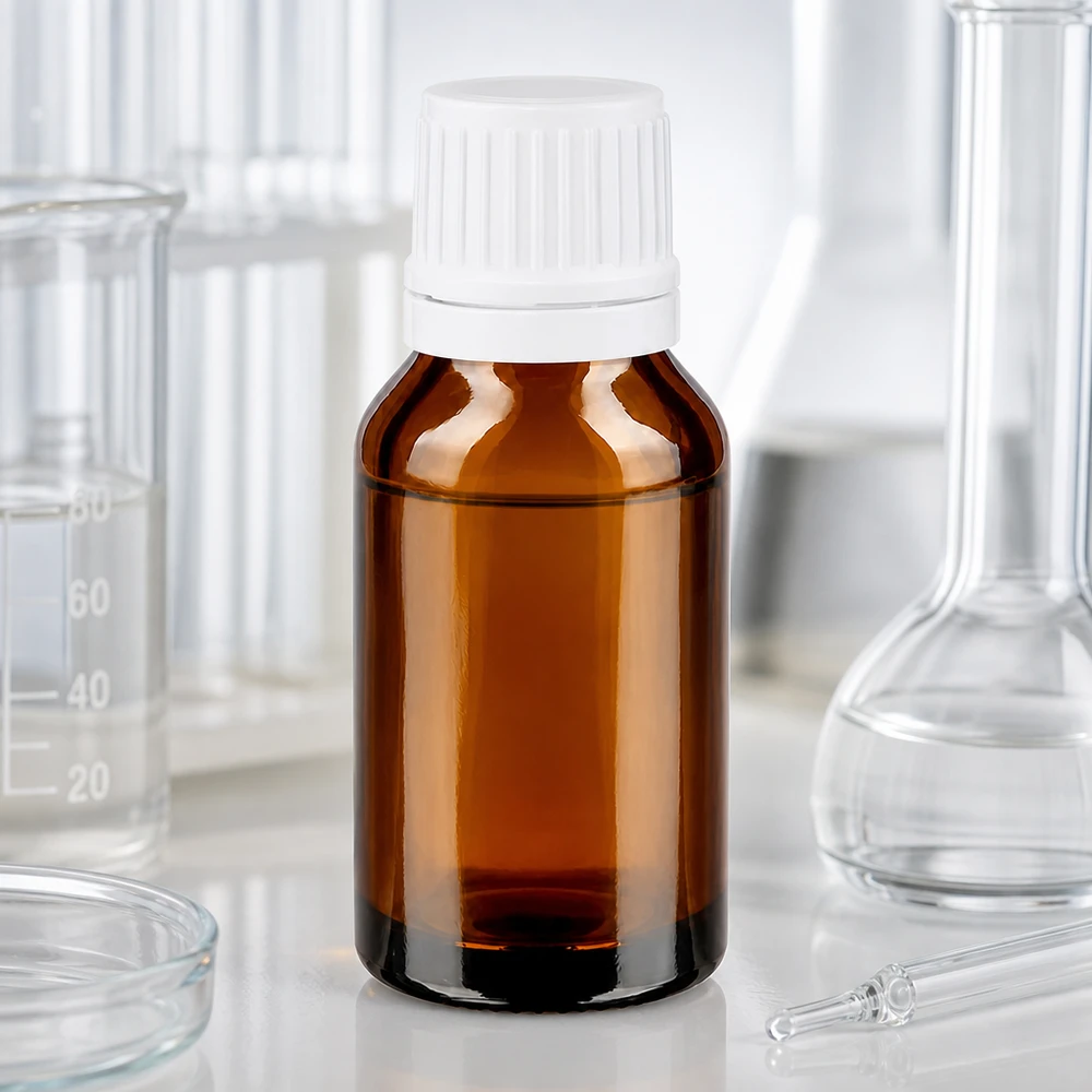 Flacon médical en verre brun de 15 ml avec bouchon compte-gouttes de 1,2 mm sur fond de laboratoire blanc