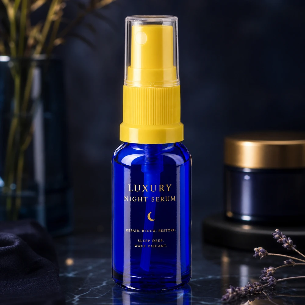 Flacon de pharmacie de 30 ml, bleu cobalt, avec vaporisateur standard jaune transparent, sur un fond marbré