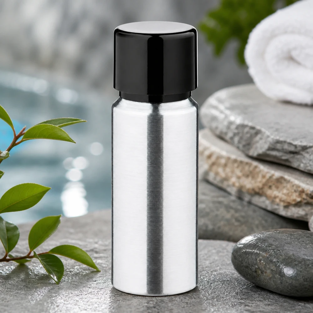 Bouteille en aluminium poncé 20 ml, avec bouchon à vis noir et joint conique Bouteille en aluminium pratique de 20 ml au look chromé élégant, parfaite pour les voyages et l'utilisation mobile
