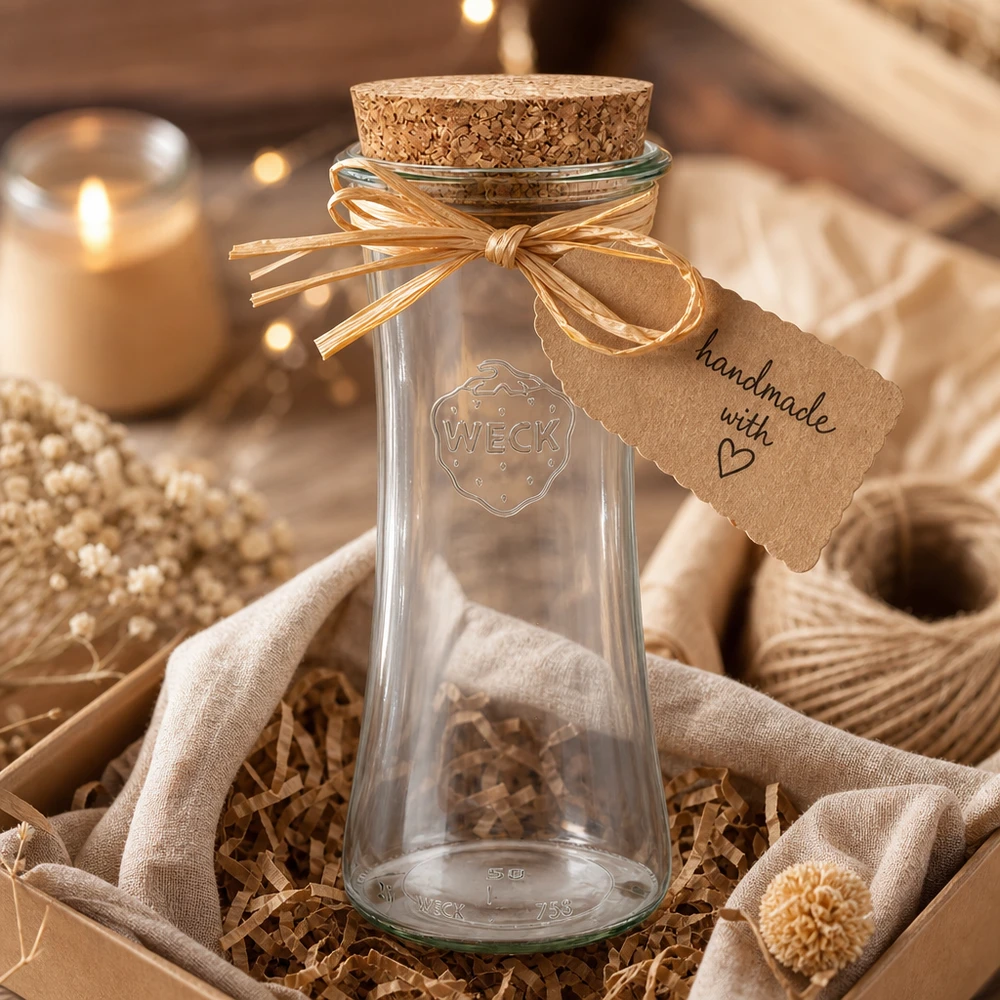 700ml bocal à gourmandises WECK RR80 avec bouchon nature WECK RR80 Verre 700ml avec bouchon comme cadeau artisanal décoré avec un ruban et un pendentif dans une atmosphère rustique
