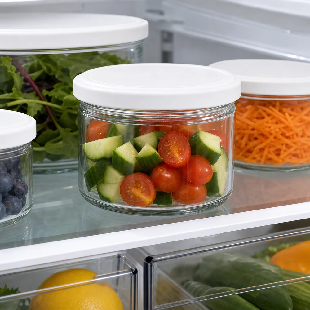 540ml Verre rond avec couvercle BasicSeal blanc UNiTWIST 540ml Rundglas BasicSeal weiß im Kühlschrank mit Tomaten und Gurken - optimale Frischhaltung für geschnittenes Gemüse