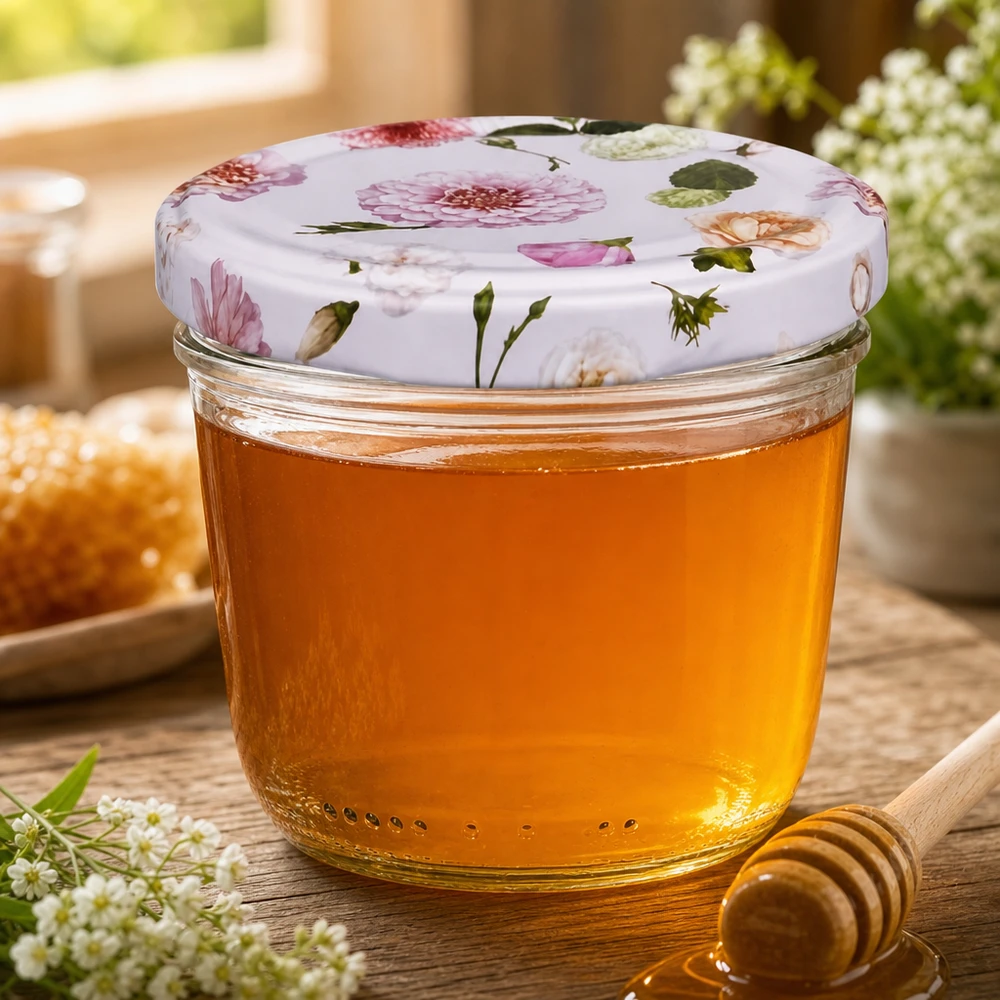 Verres 230 ml + couvercle BasicSeal rose... Miel en pot renversé de 230 ml avec couvercle BasicSeal rose Fleurs Pot de miel Apiculture Décoration naturelle Cuillère en bois