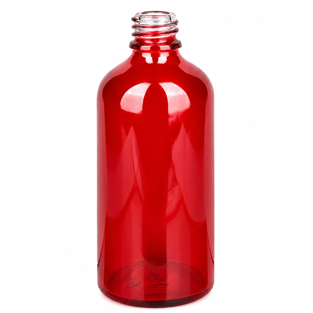 Flacon à pharmacie 100ml RedLine UT18/100 UNiTWIST Flacon en verre RedLine UT18/100 de qualité supérieure, rouge transparent, pour les médicaments