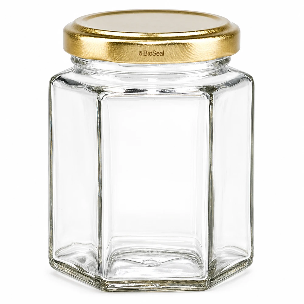 Bocal hexagonal UNiTWIST Hexa196 avec couvercle TO58 BioSeal doré en verre transparent vide