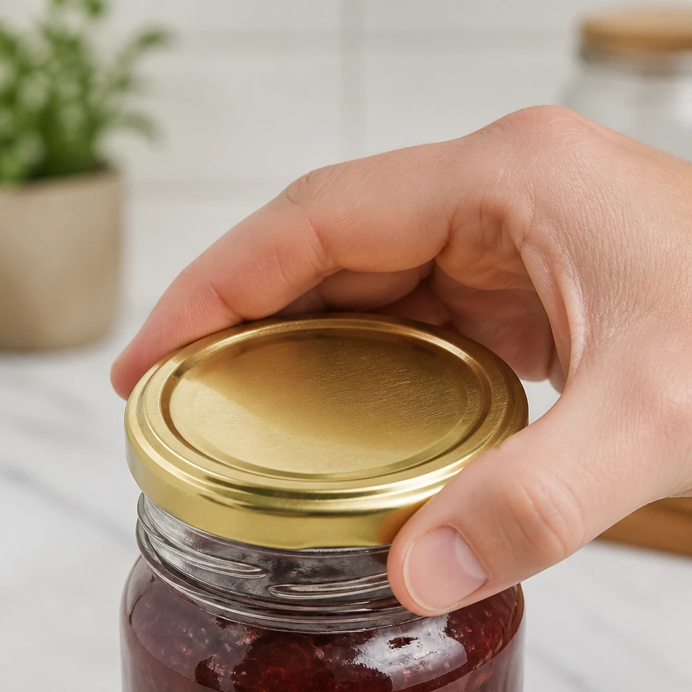 Couvercle BasicSeal 58 mm doré (TO58) UNiTWIST Couvercle BasicSeal TO58 de 58 mm, couleur or, pour bocal de conserve contenant une confiture de fruits rouges