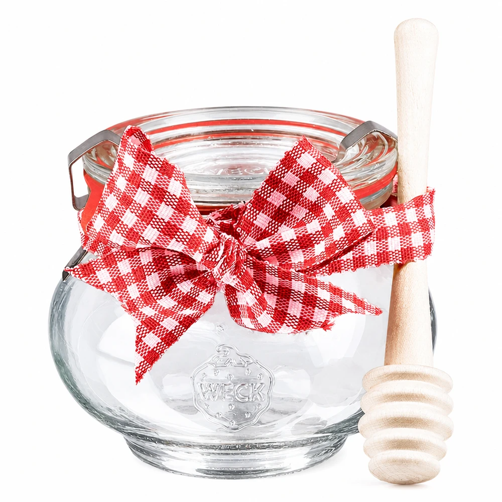 WECK Pot à bijoux 220ml avec cuillère à miel en bois et ruban rouge à carreaux Set cadeau pot à confiture de miel