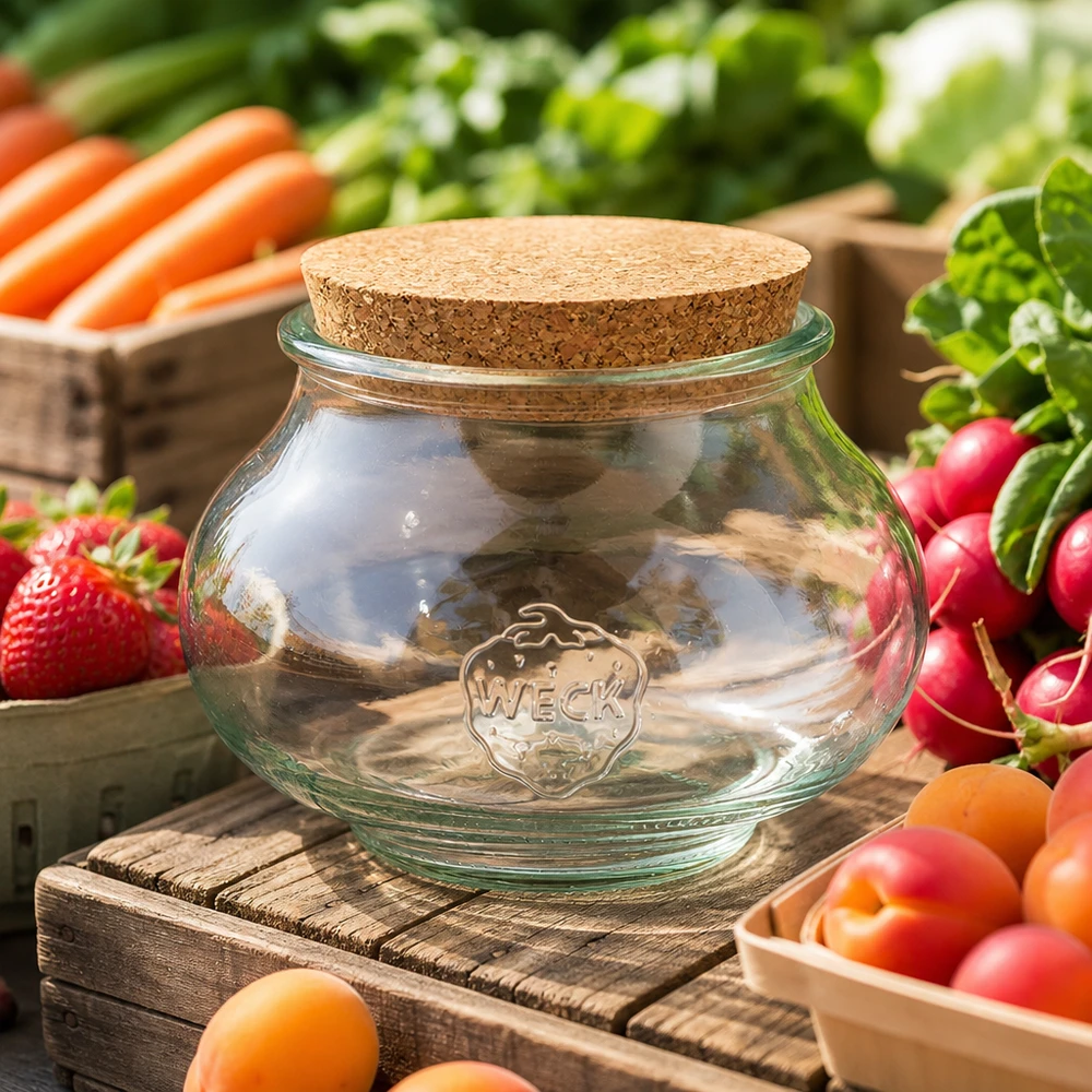 560ml bocal décoratif WECK RR80 avec bouchon nature WECK Pot à bijoux 560ml RR80 vide avec bouchon en liège sur table en bois entouré de fruits et légumes frais
