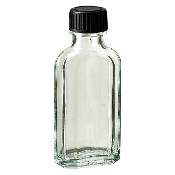 Flasque transparente de 50 ml au goulot DIN 22, avec bouchon à vis DIN 22 noir et joint LKD Flasque transparente de 50 ml au goulot DIN 22, avec bouchon à vis DIN 22 noir et joint LKD