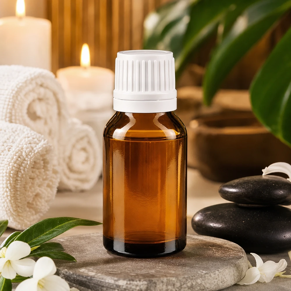 Flacon de pharmacie brun 30ml bouchon à vis blanc bouchon inviolabilité Petit flacon de pharmacie de 30 ml en verre ambré avec un bouchon OV blanc, dans une ambiance spa