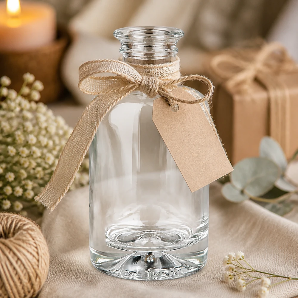 Flacon à pharmacie « Sofia » 100 ml sans bouchon UNiTWIST® 100ml Glasflasche Sofia als Geschenkidee mit Juteschleife und Anhänger in gemütlicher Deko-Atmosphäre mit Kerzen