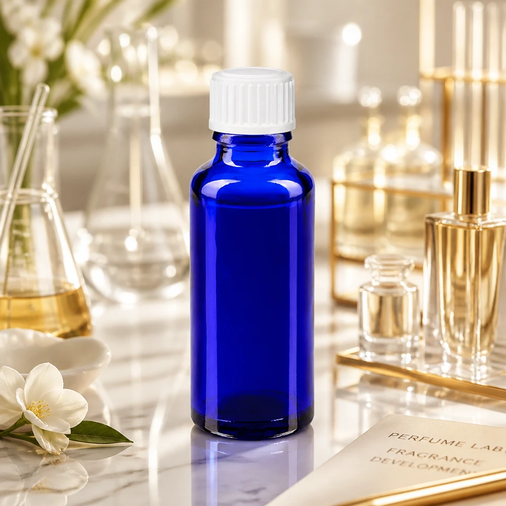 Flacon en verre d'apothicaire bleu de 30 ml avec l'étiquette « SV STD » blanche, à côté d'un ballon de laboratoire et de fleurs de jasmin