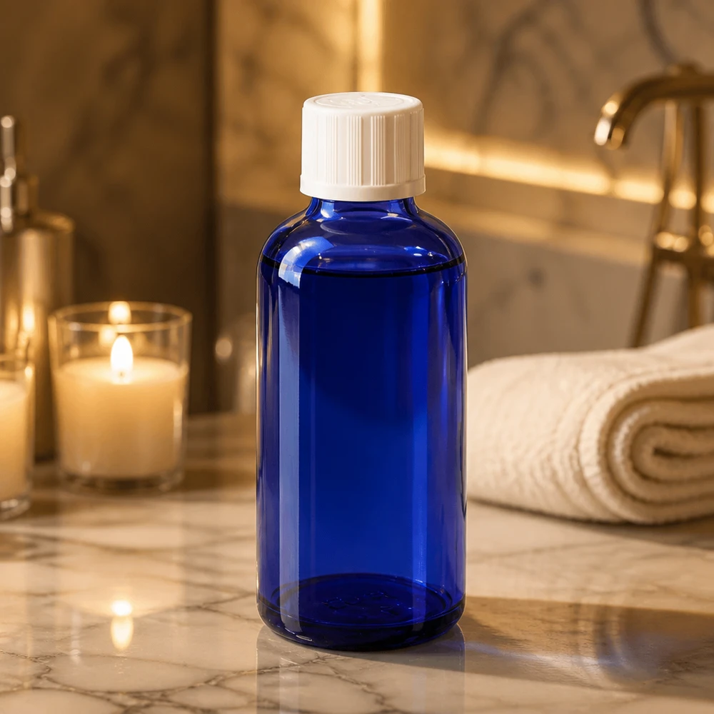 Petit flacon de pharmacie bleu cobalt muni d'un bouchon compte-gouttes à l'épreuve des enfants, à la lueur chaleureuse d'une bougie