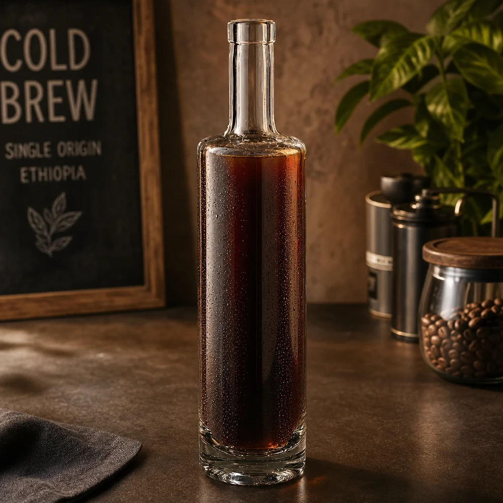 Bouteille en verre Lina de 500 ml remplie de café Cold Brew dans une atmosphère stylée de coffee shop avec des grains de café et des décors vintage.