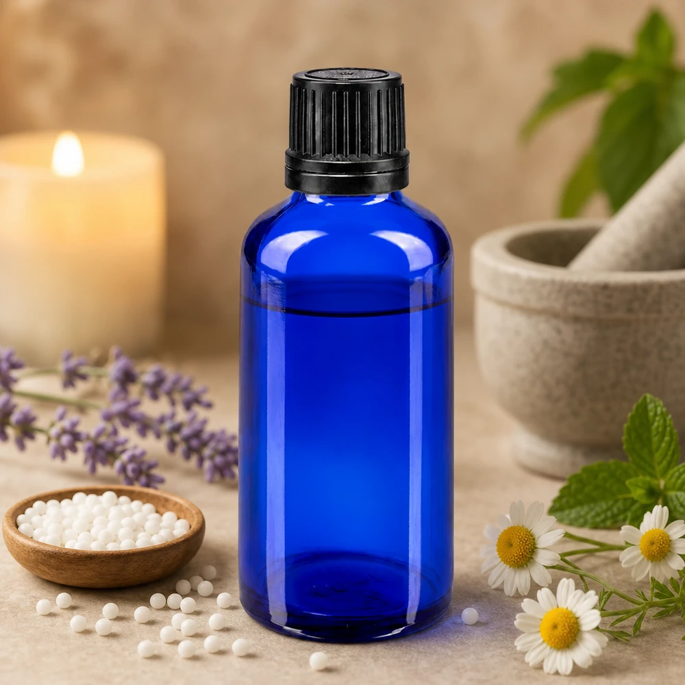 Flacon à pharmacie bleu 50ml bouchon inviolable 1mm noir bouchon d'inviolabilité Flacon en verre d'apothicaire bleu cobalt de 50 ml muni d'un bouchon OV noir, parmi des granules homéopathiques