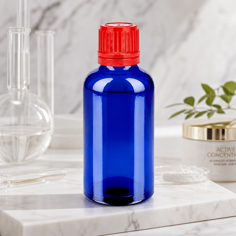 Flacon 50ml 11mm SV rouge OV BlueLine UT18/50 Flacon professionnel 50ml pour la cosmétique et la pharmacie bleu rouge SV 11mm OV BlueLine UT18/50