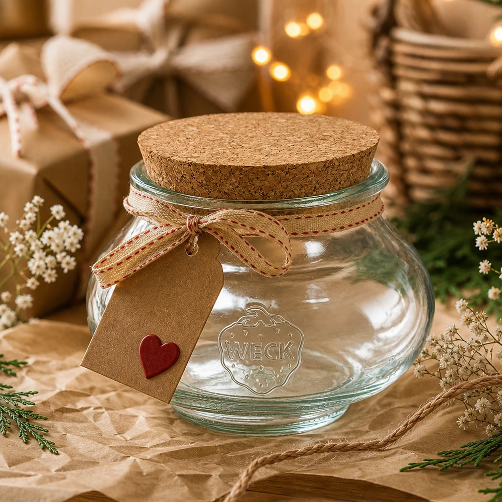 560ml bocal décoratif WECK RR80 avec bouchon nature WECK Pot à bijoux 560ml RR80 avec couvercle en liège comme emballage cadeau avec pendentif en forme de cœur et décoration festive