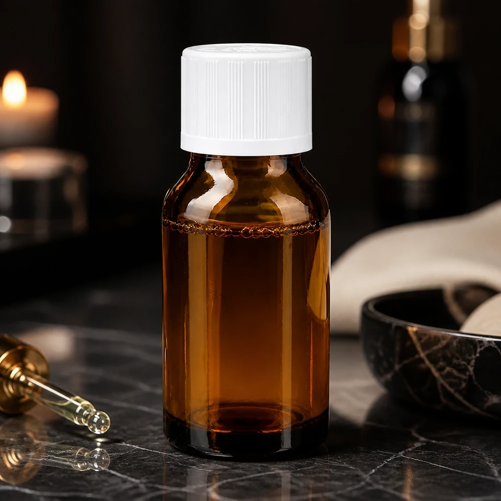 Flacon de pharmacie de 30 ml en verre ambré, muni d'un bouchon blanc à sécurité enfants et d'un bec verseur de précision de 1,2 mm