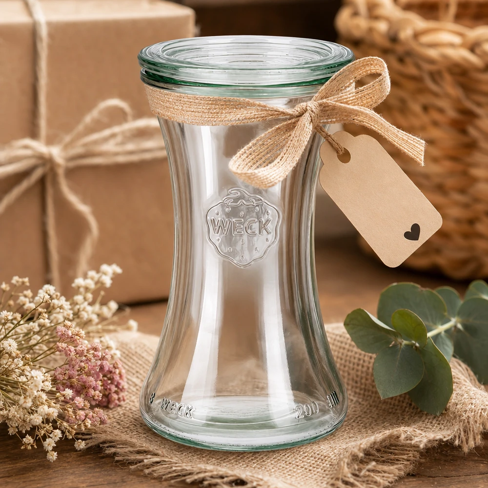 WECK Delikatessenglas 200ml mit dekorativem Jute-Geschenkband und Anhänger als rustikale Geschenkverpackung