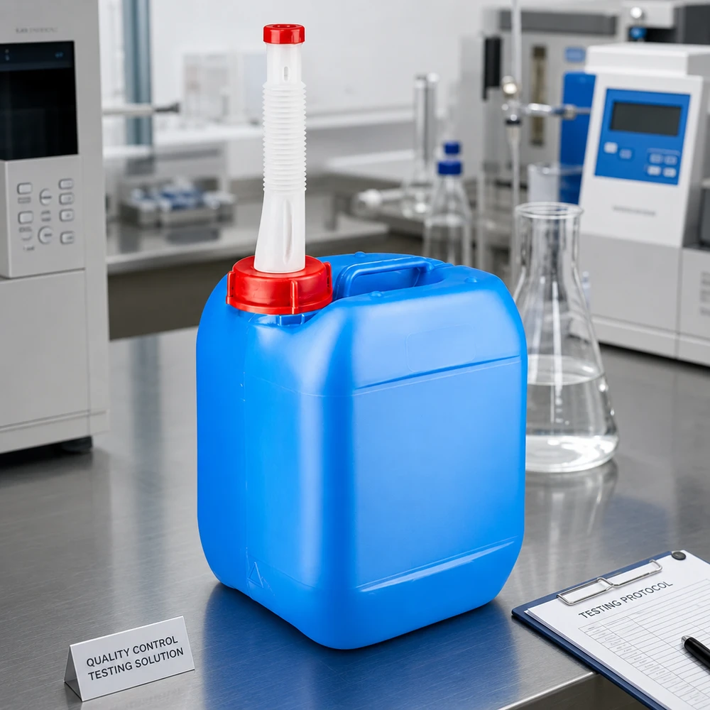 Bidon 5 litres bleu avec tube de vidange Flex Bidon rectangulaire de 5 litres, de couleur bleue, muni d'un long bec verseur blanc et d'un bouchon de sécurité rouge