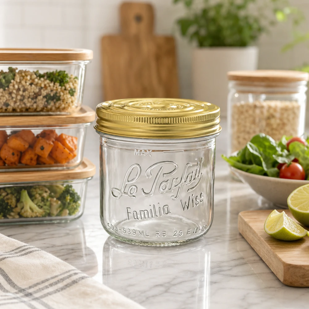 Le Parfait® Familia Wiss 500 g Ø100 mm bocal 539ml Verre à pied Familia Wiss avec couvercle doré sur le comptoir de la cuisine à côté des boîtes à provisions et des aliments frais