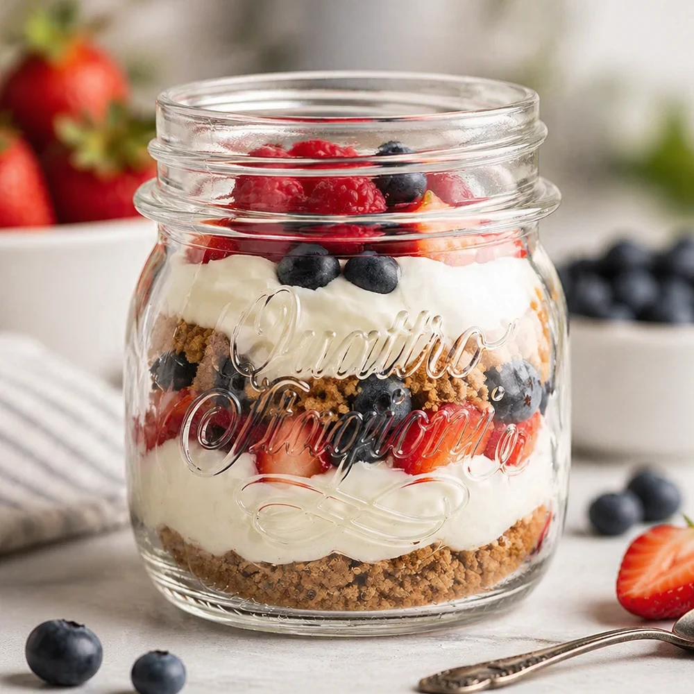 250ml Verre rond "Quattro Stagioni" QS70mm Verre Quattro Stagioni 250ml avec dessert stratifié à base de biscuits crème et baies comme verre de ménage pour la conservation