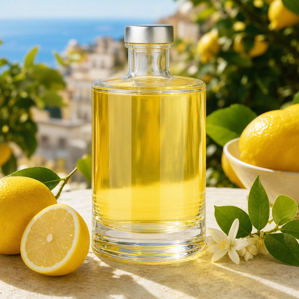 375ml Glasflasche Sam mit Zitruslikör gefüllt - mediterrane Szenerie mit frischen Zitronen und silbernem Verschluss