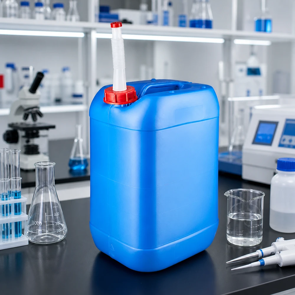 Réservoir de stockage de 25 litres, bleu, avec un tuyau de sortie blanc, destiné aux produits chimiques et aux liquides de laboratoire